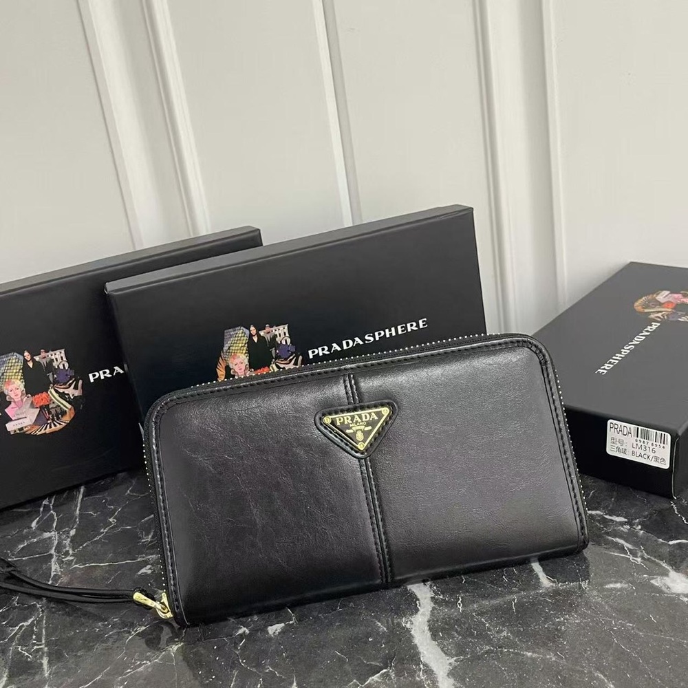 Prada Black Leather Zip Wallet